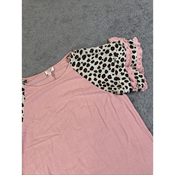 Umgee Women's M Linen Blend Pink Leopard High Low Frayed Hem Top Boho Lagen Look - Picture 3 of 9